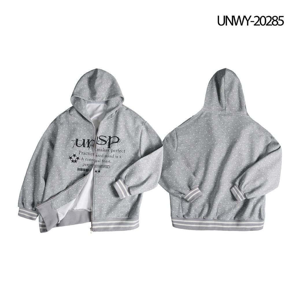 Polka Dot Striped Letter Star Print Hooded Zip-Up Loose Casual Streetwear Cardigan Jacket