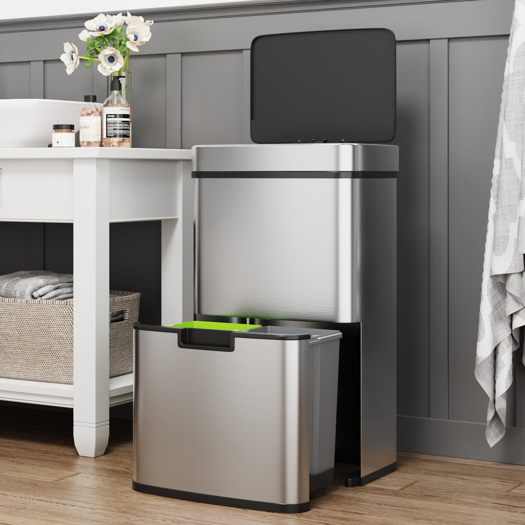 Smart Sensor Kitchen Trash Can – 16 Gallon Stainless Steel with Auto Lid & Recycling Sorter