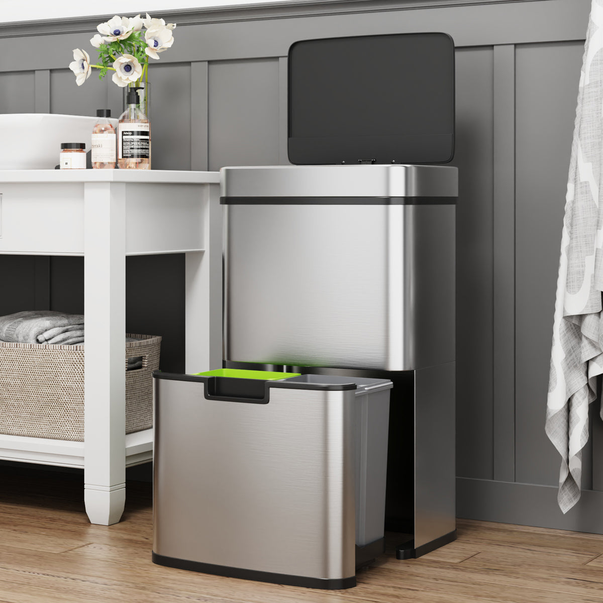 Smart Sensor Kitchen Trash Can – 16 Gallon Stainless Steel with Auto Lid & Recycling Sorter