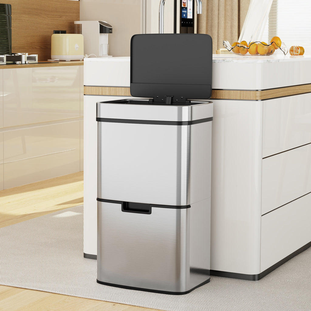 Smart Sensor Kitchen Trash Can – 16 Gallon Stainless Steel with Auto Lid & Recycling Sorter