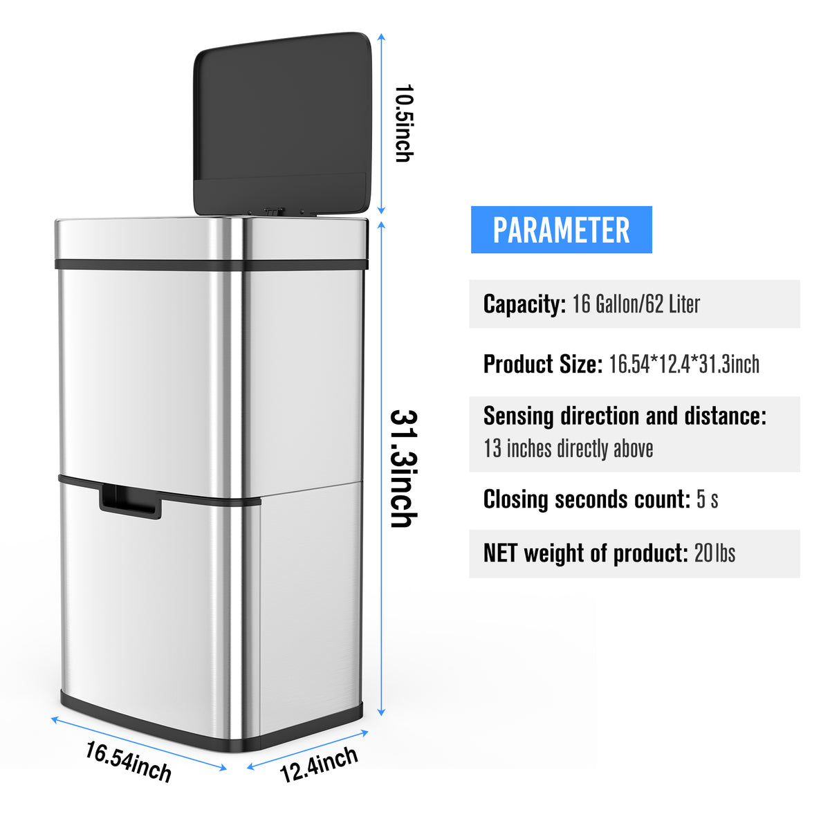 Smart Sensor Kitchen Trash Can – 16 Gallon Stainless Steel with Auto Lid & Recycling Sorter