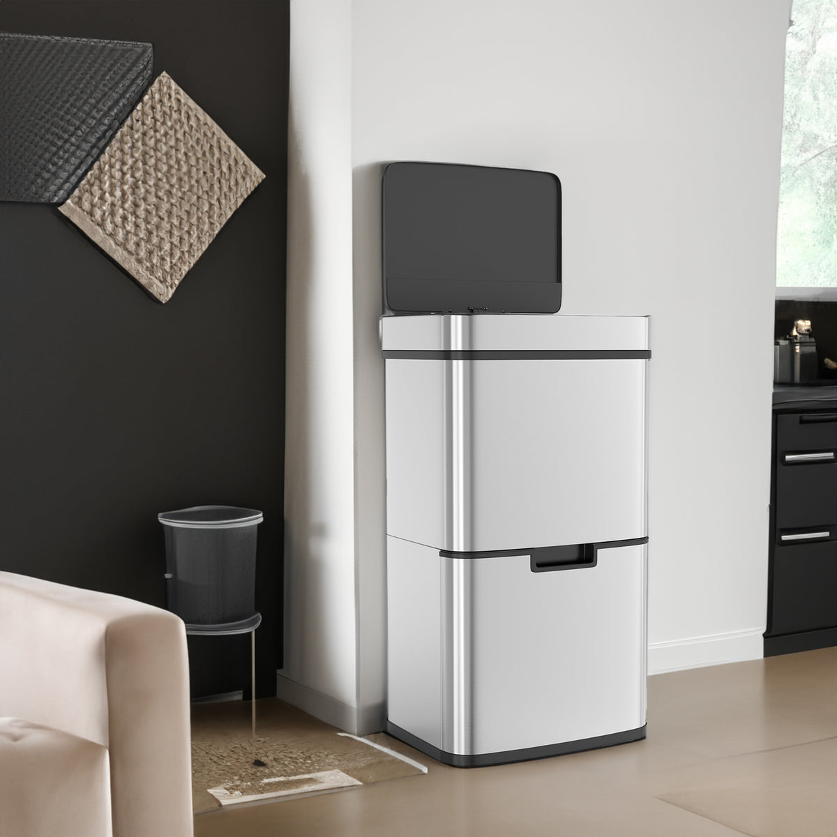 Smart Sensor Kitchen Trash Can – 16 Gallon Stainless Steel with Auto Lid & Recycling Sorter