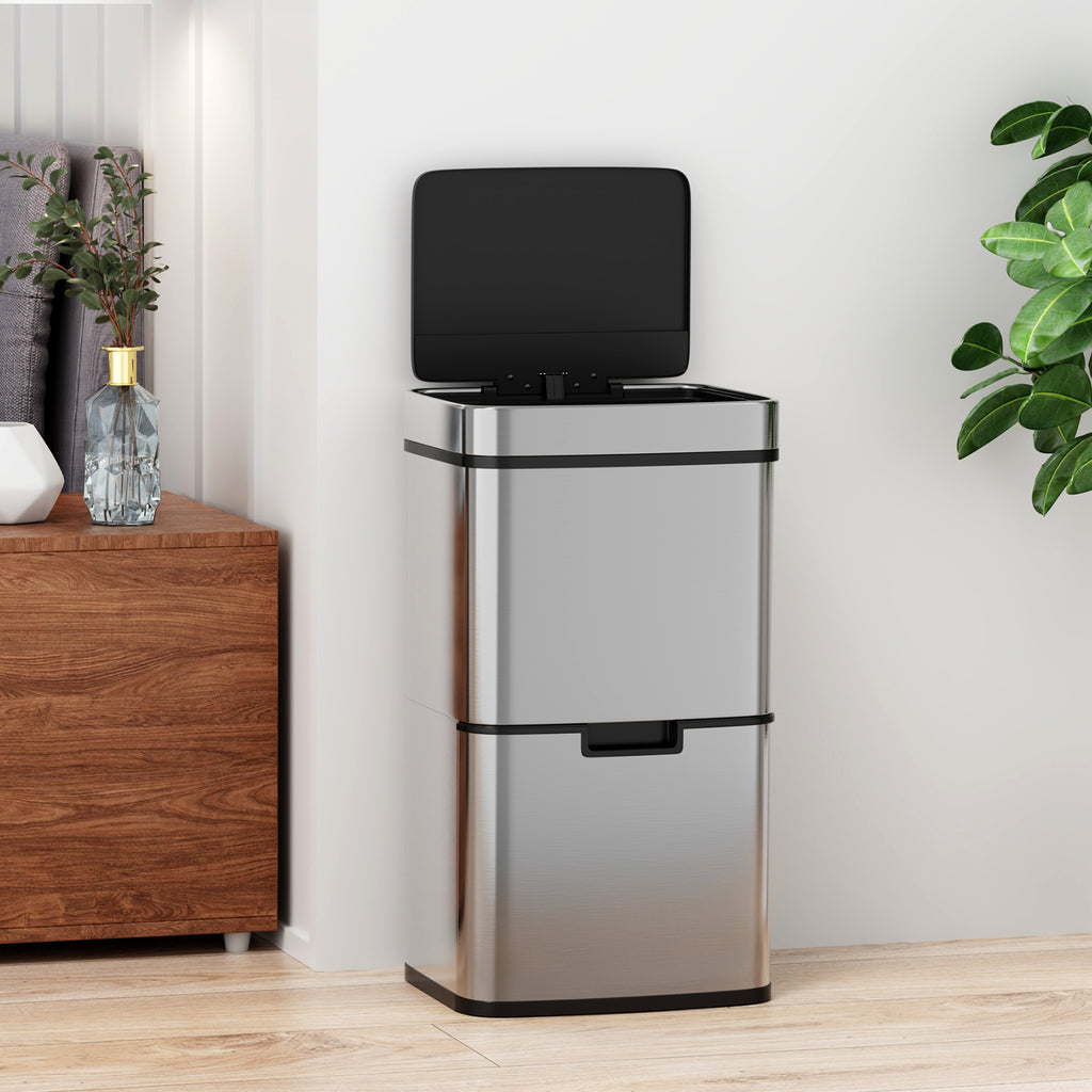 Smart Sensor Kitchen Trash Can – 16 Gallon Stainless Steel with Auto Lid & Recycling Sorter
