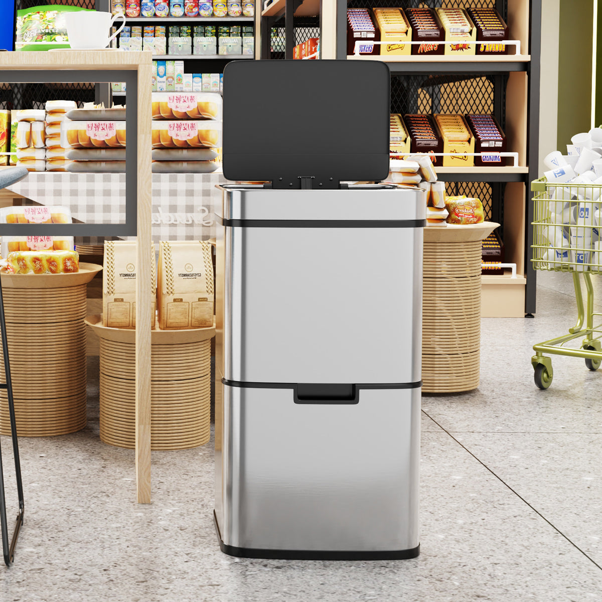 Smart Sensor Kitchen Trash Can – 16 Gallon Stainless Steel with Auto Lid & Recycling Sorter