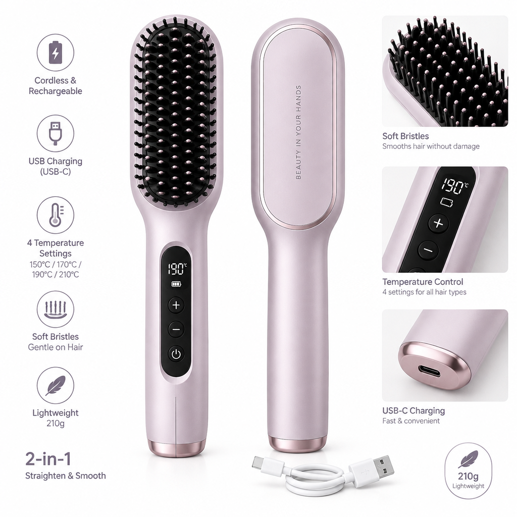 2-in-1 USB Cordless Straightening Brush – Style Your Hair Anywhere