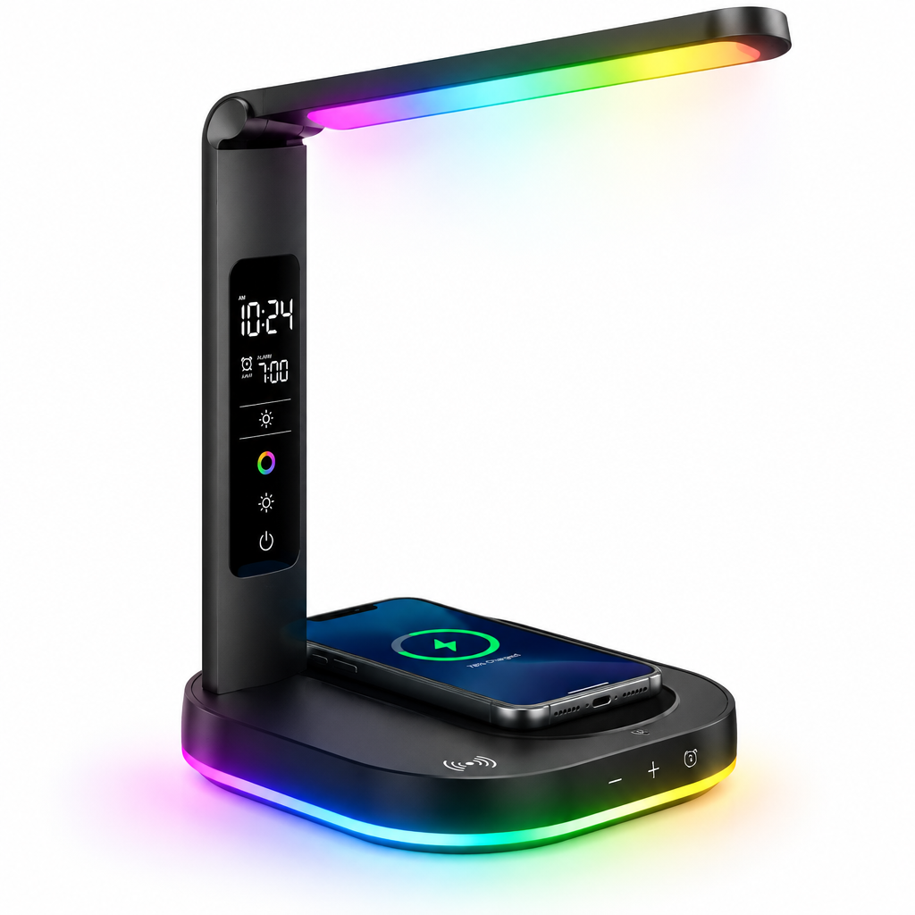 Intelligent Multi-Function Luminaire – Smart RGB Lamp with Wireless Charger & Clock
