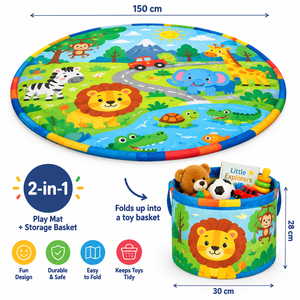 2-in-1 Fun Mat – Kids Play Mat with Built-In Toy Storage Basket
